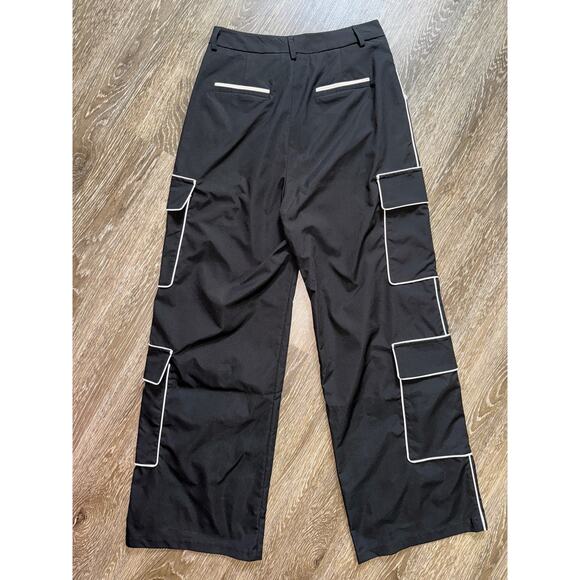 New XS Oversized Black Wide Leg Cargo Pants White Outline Piping Grunge Goth 90s - Picture 6 of 10
